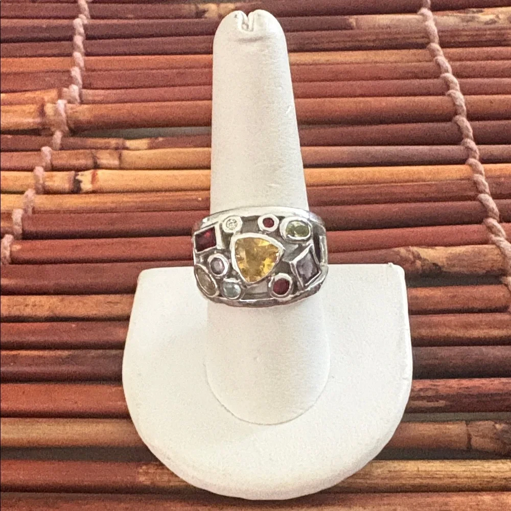 Lia Sophia Silver Multi-Stone Ring Yellow Center and Red & Green Accents Size 9